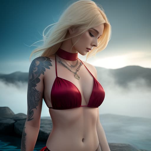  a blonde slender woman with a dragon tattooed on her face, wearing a dark red bikini and high heels, standing in a fantastic pool of mist and light. feathers in her hair., hyperrealistic, high quality, highly detailed, cinematic lighting, intricate, sharp focus, f/1. 8, 85mm, (centered image composition), (professionally color graded), ((bright soft diffused light)), volumetric fog, trending on instagram, HDR 4K, 8K