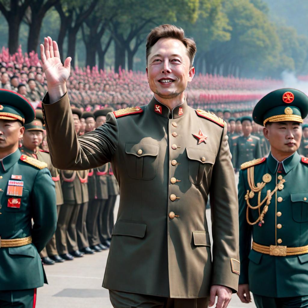  Elon Musk as the leader of North Korea, dressed in a typical North Korean military uniform, waving to a crowd during a military parade. hyperrealistic, full body, detailed clothing, highly detailed, cinematic lighting, stunningly beautiful, intricate, sharp focus, f/1. 8, 85mm, (centered image composition), (professionally color graded), ((bright soft diffused light)), volumetric fog, trending on instagram, trending on tumblr, HDR 4K, 8K