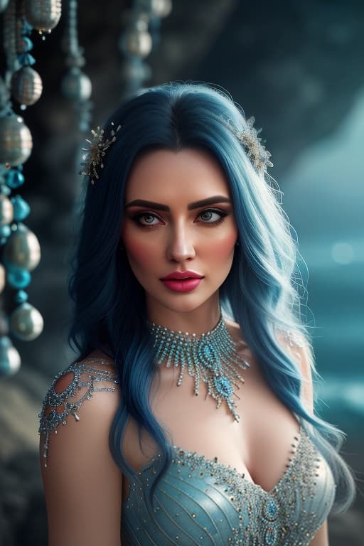  Picture of a general plan, a pretty girl on rocks with well defined skin details. The photo is realistic. Big eyes, pouty lips, very long softly blue flowing hair decorated with glittering stones. Shiny scales on shoulders, airy transparent dress embroidered with pearls and stones with a long train, blurry background of the sea. hyperrealistic, full body, detailed clothing, highly detailed, cinematic lighting, stunningly beautiful, intricate, sharp focus, f/1. 8, 85mm, (centered image composition), (professionally color graded), ((bright soft diffused light)), volumetric fog, trending on instagram, trending on tumblr, HDR 4K, 8K