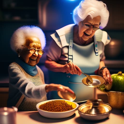  Little girl makes dinner with her grandmother. Grandmother adds pasta and spices. Little girl gets upset. Grandmother laughs. hyperrealistic, full body, detailed clothing, highly detailed, cinematic lighting, stunningly beautiful, intricate, sharp focus, f/1. 8, 85mm, (centered image composition), (professionally color graded), ((bright soft diffused light)), volumetric fog, trending on instagram, trending on tumblr, HDR 4K, 8K