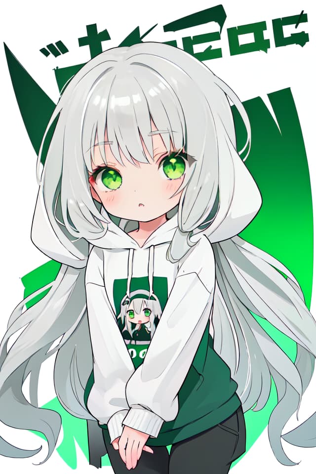  Long silver hair, little girl, hoodie, green eyes