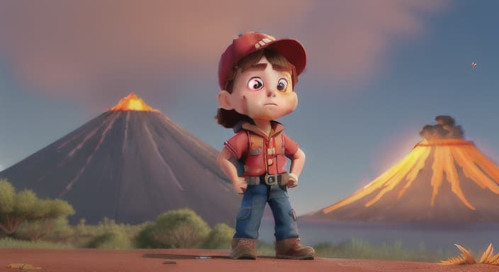  {The explorer standing at the foot of the volcano, hands on hips, looking determined., The explorer's red hat has a small feather sticking out, a memento from their adventures.