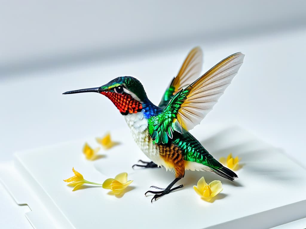  An ultradetailed closeup photograph of a delicate sugar sculpture depicting a lifelike miniature hummingbird, intricately crafted with transparent wings and vibrant colored sugar petals, set against a plain white background to emphasize its intricate details and delicate craftsmanship. hyperrealistic, full body, detailed clothing, highly detailed, cinematic lighting, stunningly beautiful, intricate, sharp focus, f/1. 8, 85mm, (centered image composition), (professionally color graded), ((bright soft diffused light)), volumetric fog, trending on instagram, trending on tumblr, HDR 4K, 8K