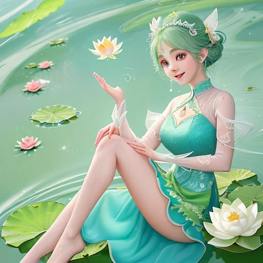  The mascot is a lotus fairy. She has a delicate shape and wears a beautiful lotus green dress with delicate water ripples. She wears a lotus-shaped hair accessory with sparkling water drops. She has big eyes that reveal kindness and warmth. The mascot's arms and legs are rippled, making her look more lively. She holds a lotus flower in her hand, symbolizing happiness and good luck. ，