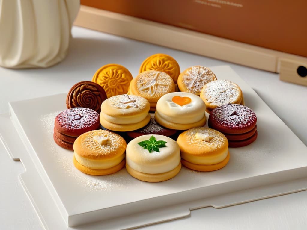  An image of a beautifully arranged assortment of Maamoul cookies on a simple, elegant plate, showcasing different varieties and fillings with intricate designs pressed into the dough. The cookies are placed on a light, minimalist background, emphasizing their traditional and flavorful nature in a visually appealing way. hyperrealistic, full body, detailed clothing, highly detailed, cinematic lighting, stunningly beautiful, intricate, sharp focus, f/1. 8, 85mm, (centered image composition), (professionally color graded), ((bright soft diffused light)), volumetric fog, trending on instagram, trending on tumblr, HDR 4K, 8K