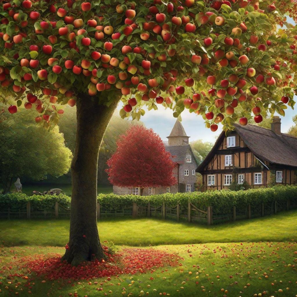  Prompt: Visualize a quaint, cosy village, with a single apple tree growing in one corner. The apple tree is covered in shiny leaves and has small green apples growing on it, radiating an enchanting aura that captures the attention of a young child who watches it with awe. As autumn arrives, the apples grow larger and turn progressively red, sparking a sense of wonder and joy in the child who spectates with his mother. Despite the changing seasons, there are no more apples growing on the tree post-autumn, and the child observes the tree's owner looking worriedly at it. The owner can be seen tenderly watering the tree and carefully managing the fertilizer, his diligent efforts seem unfruitful when no apples bloom. One spring, the tree unde hyperrealistic, full body, detailed clothing, highly detailed, cinematic lighting, stunningly beautiful, intricate, sharp focus, f/1. 8, 85mm, (centered image composition), (professionally color graded), ((bright soft diffused light)), volumetric fog, trending on instagram, trending on tumblr, HDR 4K, 8K