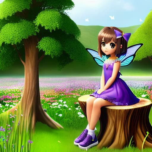 Brown skinned brown eye cartoon fairy girl with green leaf dress, purple wings and purple slip on shoes, silver sparkle bow in hair sitting in a field os flowers on a tree stump stool surrounded by butterflies, rainbow in basckground