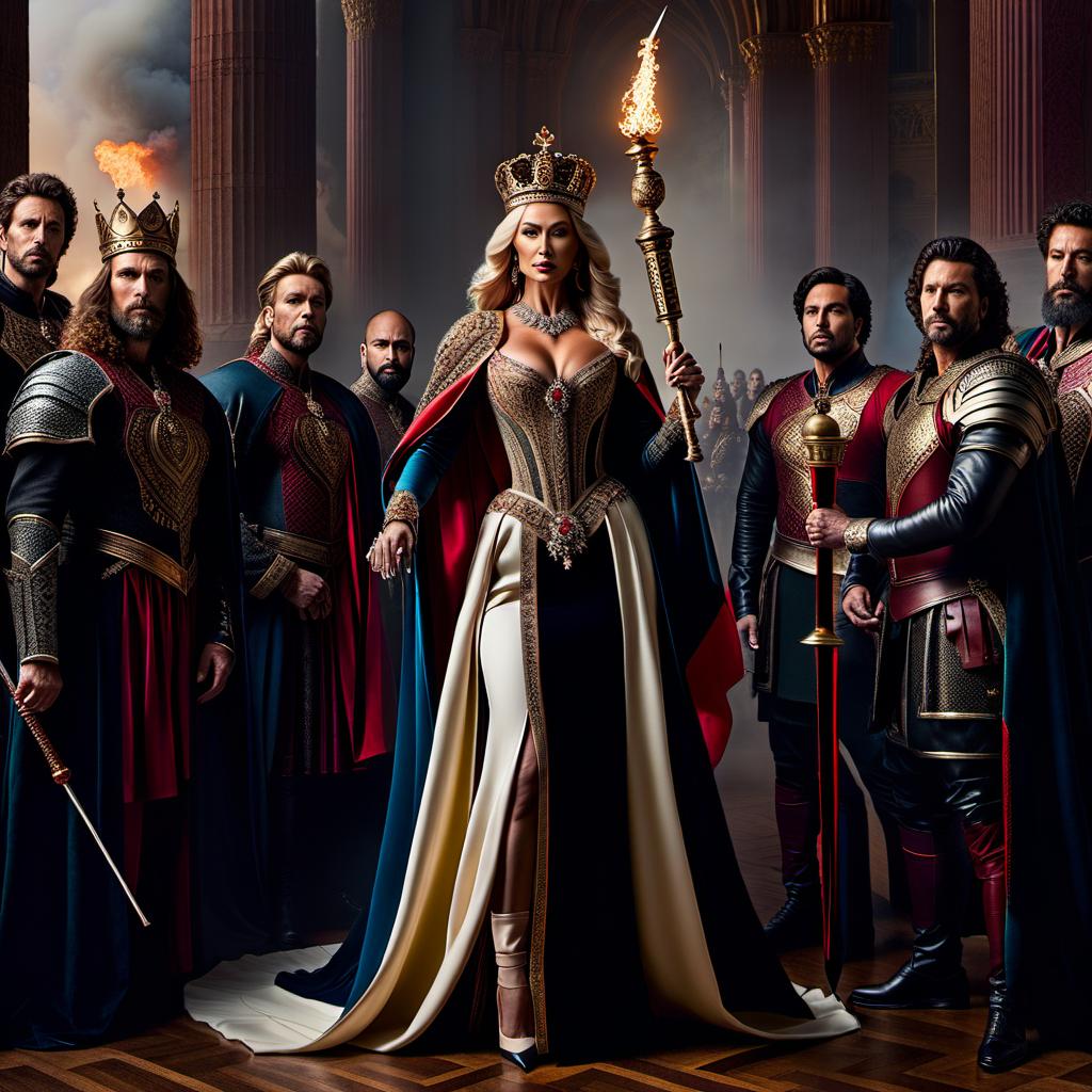  In the center of the painting, there is a powerful queen with a scepter in her hands, and men are fleeing from her. hyperrealistic, full body, detailed clothing, highly detailed, cinematic lighting, stunningly beautiful, intricate, sharp focus, f/1. 8, 85mm, (centered image composition), (professionally color graded), ((bright soft diffused light)), volumetric fog, trending on instagram, trending on tumblr, HDR 4K, 8K