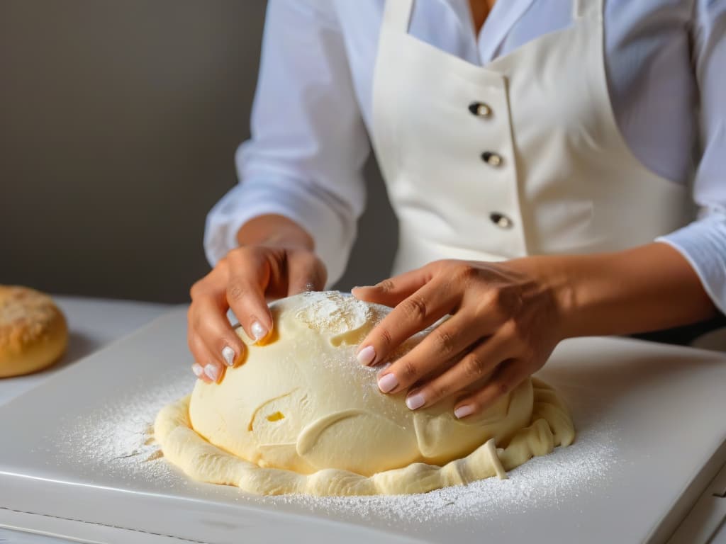  An elegant and minimalist image of a person's hands gracefully shaping dough with soft, natural lighting highlighting the process. hyperrealistic, full body, detailed clothing, highly detailed, cinematic lighting, stunningly beautiful, intricate, sharp focus, f/1. 8, 85mm, (centered image composition), (professionally color graded), ((bright soft diffused light)), volumetric fog, trending on instagram, trending on tumblr, HDR 4K, 8K