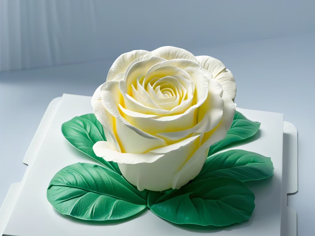  A highresolution, ultradetailed image of a delicate sugar sculpture of a blooming rose, showcasing intricate petal details, delicate curves, and a glossy finish, set against a clean, minimalist background to highlight the artistry and craftsmanship involved in sugar sculpting. hyperrealistic, full body, detailed clothing, highly detailed, cinematic lighting, stunningly beautiful, intricate, sharp focus, f/1. 8, 85mm, (centered image composition), (professionally color graded), ((bright soft diffused light)), volumetric fog, trending on instagram, trending on tumblr, HDR 4K, 8K