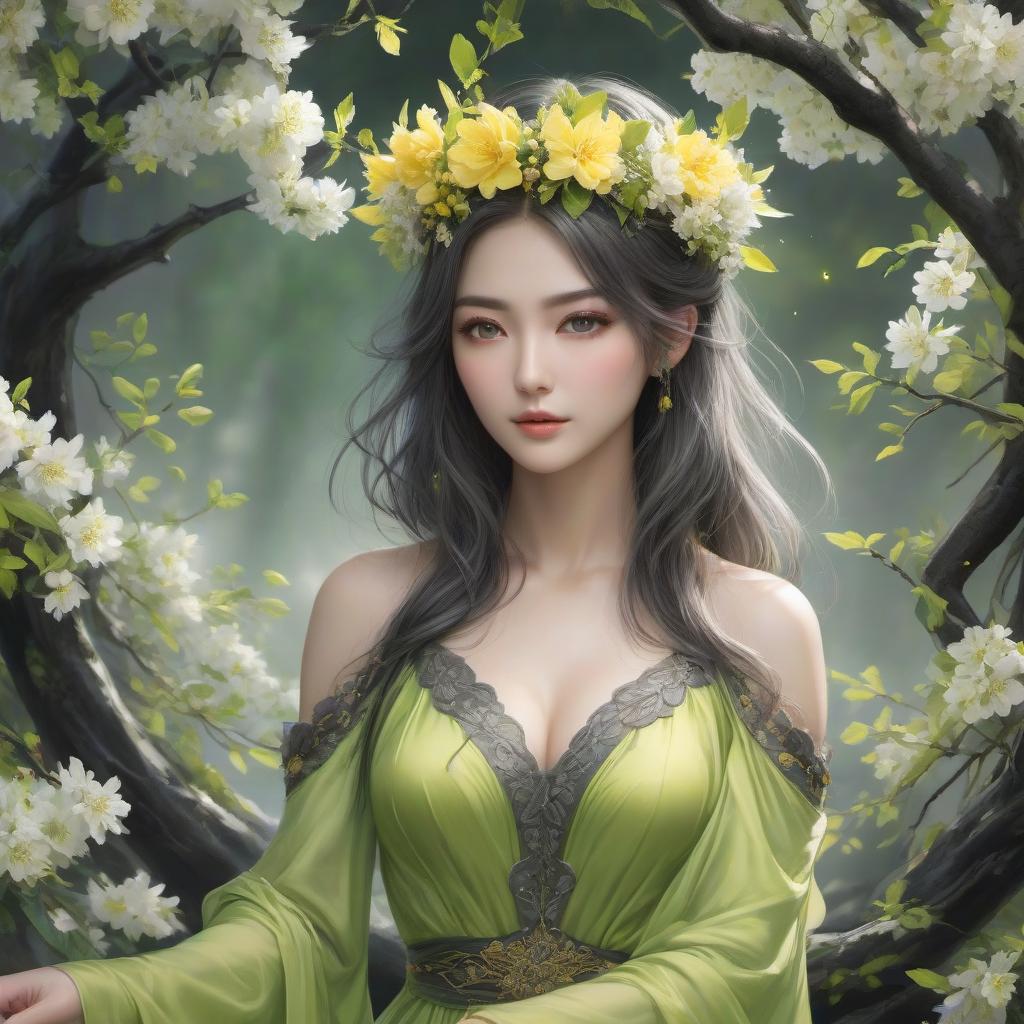  anime artwork Create a charcoal, graphite, chalk and crayon artwork of a young mysterious lady surrounded by tapestry of awakening fresh green and fresh yellow spring branches and leaves and blossoms. Her lovely close up face enigma framed by a floral crown. Petals cling to her gown, whispering secrets of the awakening season. Colors grey and black, green and yellow. . anime style, key visual, vibrant, studio anime, highly detailed hyperrealistic, full body, detailed clothing, highly detailed, cinematic lighting, stunningly beautiful, intricate, sharp focus, f/1. 8, 85mm, (centered image composition), (professionally color graded), ((bright soft diffused light)), volumetric fog, trending on instagram, trending on tumblr, HDR 4K, 8K