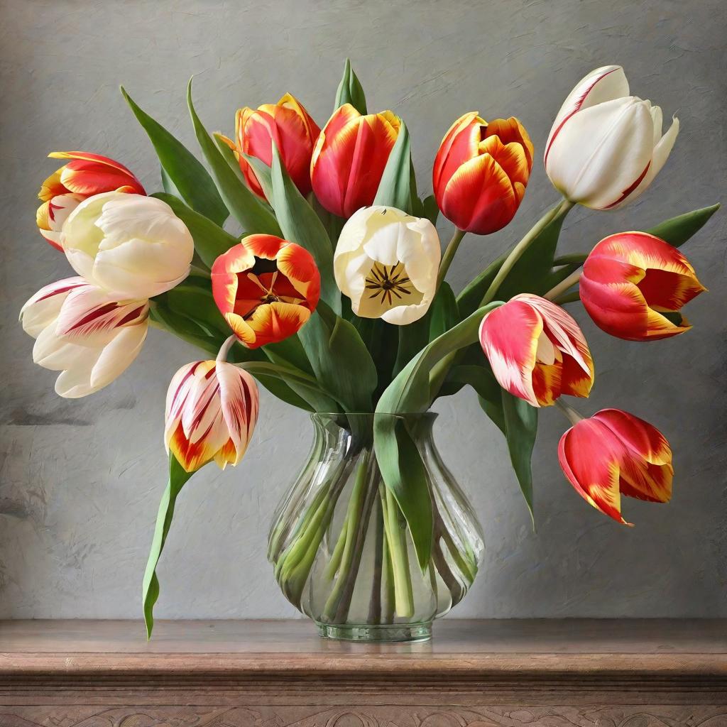  masterpiece, best quality,A Dutch still life of an arrangement of tulips in a fluted vase. The lighting is subtle, casting gentle highlights on the flowers and emphasizing their delicate details and natural beauty