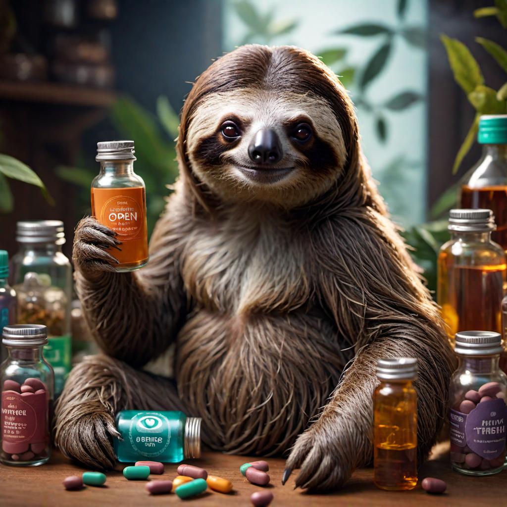  A stoner sloth with open pill bottles scattered around in a relaxed and playful setting. hyperrealistic, full body, detailed clothing, highly detailed, cinematic lighting, stunningly beautiful, intricate, sharp focus, f/1. 8, 85mm, (centered image composition), (professionally color graded), ((bright soft diffused light)), volumetric fog, trending on instagram, trending on tumblr, HDR 4K, 8K