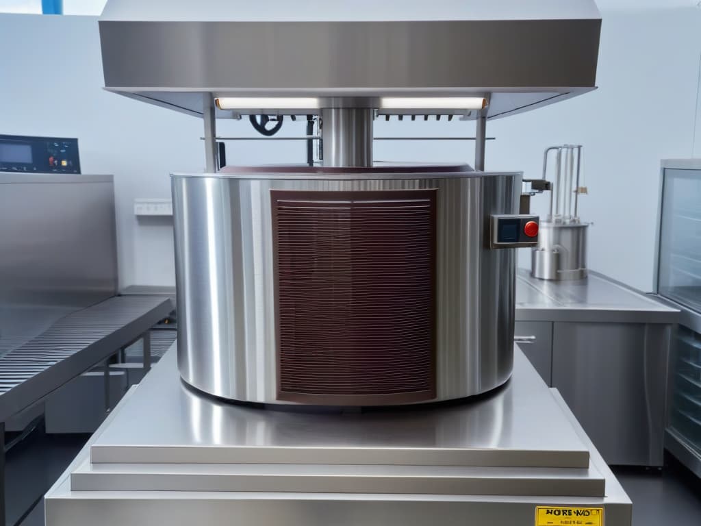  A minimalist and elegant image of a sleek, modern chocolate tempering machine in a pristine kitchen setting. The machine is casting a soft, warm glow on the surrounding stainless steel surfaces, showcasing precision and expertise in the art of chocolatemaking. hyperrealistic, full body, detailed clothing, highly detailed, cinematic lighting, stunningly beautiful, intricate, sharp focus, f/1. 8, 85mm, (centered image composition), (professionally color graded), ((bright soft diffused light)), volumetric fog, trending on instagram, trending on tumblr, HDR 4K, 8K