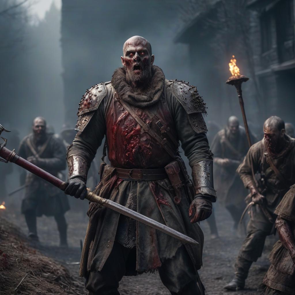  Zombie, oozing blood, no flesh left on its jaw, form of a Russian soldier, full grown, holding a medieval mace, other zombies stand behind. hyperrealistic, full body, detailed clothing, highly detailed, cinematic lighting, stunningly beautiful, intricate, sharp focus, f/1. 8, 85mm, (centered image composition), (professionally color graded), ((bright soft diffused light)), volumetric fog, trending on instagram, trending on tumblr, HDR 4K, 8K