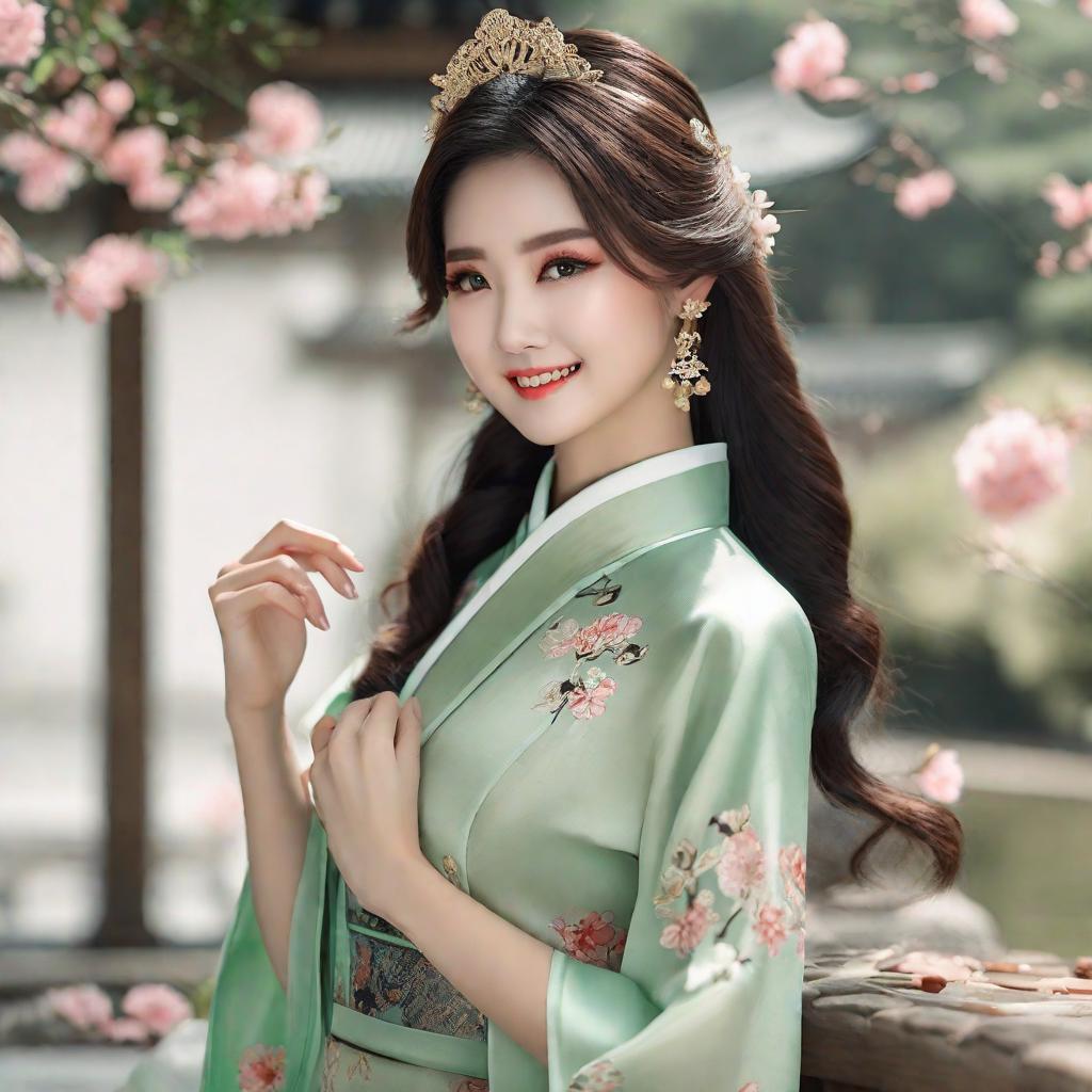  masterpiece, best quality,A beautiful Chinese with cinematic texture, detailed facial features, realistic skin texture, black ids, accessories, light makeup, light green cheongsam, rich details, oned , soft eyes, smile, , clear depth of field, clean background, natural light, soft colors, delicate texture, photography, high definition!