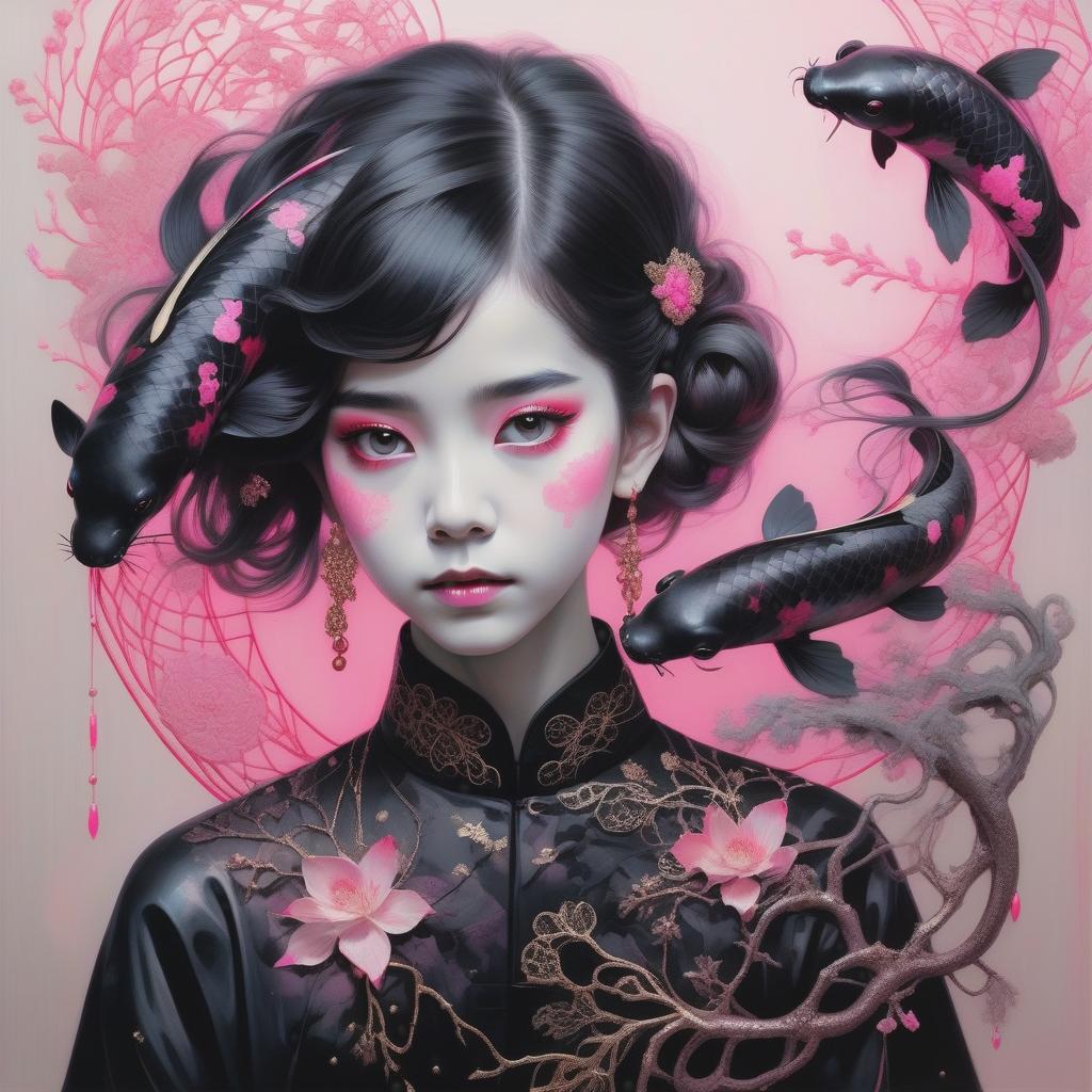  photo RAW, (Black, neon pink and magenta : Portrait of 2 ghostly long tailed black koi, (hispanic woman:1.5), shiny aura, highly detailed, black pearls, gold and coral filigree, intricate motifs, organic tracery, Kiernan Shipka, Januz Miralles, Hikari Shimoda, glowing stardust by W. Zelmer, perfect composition, smooth, sharp focus, sparkling particles, lively coral reef colored background Realistic, realism, hd, 35mm photograph, 8k), masterpiece, award winning photography, natural light, perfect composition, high detail, hyper realistic, (depth, water background:1.5) hyperrealistic, full body, detailed clothing, highly detailed, cinematic lighting, stunningly beautiful, intricate, sharp focus, f/1. 8, 85mm, (centered image composition), (professionally color graded), ((bright soft diffused light)), volumetric fog, trending on instagram, trending on tumblr, HDR 4K, 8K