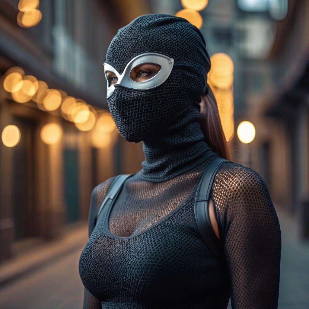  cinematic photo a girl in a full head mask without eyes and mouth in tights . 35mm photograph, film, bokeh, professional, 4k, highly detailed hyperrealistic, full body, detailed clothing, highly detailed, cinematic lighting, stunningly beautiful, intricate, sharp focus, f/1. 8, 85mm, (centered image composition), (professionally color graded), ((bright soft diffused light)), volumetric fog, trending on instagram, trending on tumblr, HDR 4K, 8K