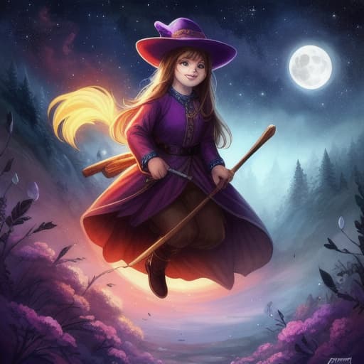  watercolor, storybook, child-book, A girl in a purple hat happily flying on a red broomstick with animals riding along, under a bright yellow moon and stars, characters include: girl in purple hat, red broomstick, animals, yellow moon, stars, best quality, very detailed, high resolution, sharp, sharp image hyperrealistic, full body, detailed clothing, highly detailed, cinematic lighting, stunningly beautiful, intricate, sharp focus, f/1. 8, 85mm, (centered image composition), (professionally color graded), ((bright soft diffused light)), volumetric fog, trending on instagram, trending on tumblr, HDR 4K, 8K