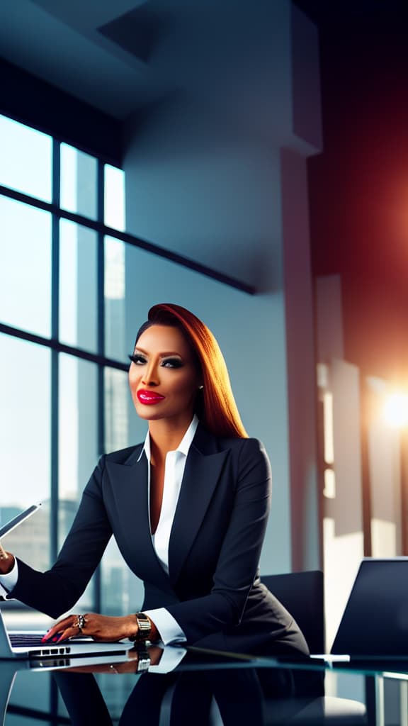  a business woman with suite, using laptop to marketing his business hyperrealistic, full body, detailed clothing, highly detailed, cinematic lighting, stunningly beautiful, intricate, sharp focus, f/1. 8, 85mm, (centered image composition), (professionally color graded), ((bright soft diffused light)), volumetric fog, trending on instagram, trending on tumblr, HDR 4K, 8K