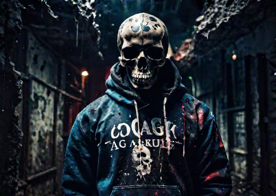  Dark Art styled Broken Skull, with Text reads "OAG" on the Chest. and splatter around skull hyperrealistic, full body, detailed clothing, highly detailed, cinematic lighting, stunningly beautiful, intricate, sharp focus, f/1. 8, 85mm, (centered image composition), (professionally color graded), ((bright soft diffused light)), volumetric fog, trending on instagram, trending on tumblr, HDR 4K, 8K