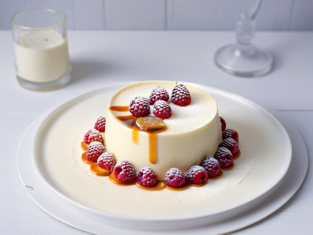  A sleek and minimalist black and white photograph of a perfectly plated panna cotta dessert. The dessert is elegantly presented on a round white plate, with a smooth and creamy texture that glistens under soft lighting. The panna cotta is topped with a delicate drizzle of caramel sauce and garnished with a single fresh raspberry, adding a pop of color to the otherwise monochromatic image. The background is blurred, emphasizing the simplicity and sophistication of the dessert in a modern and minimalist style. hyperrealistic, full body, detailed clothing, highly detailed, cinematic lighting, stunningly beautiful, intricate, sharp focus, f/1. 8, 85mm, (centered image composition), (professionally color graded), ((bright soft diffused light)), volumetric fog, trending on instagram, trending on tumblr, HDR 4K, 8K