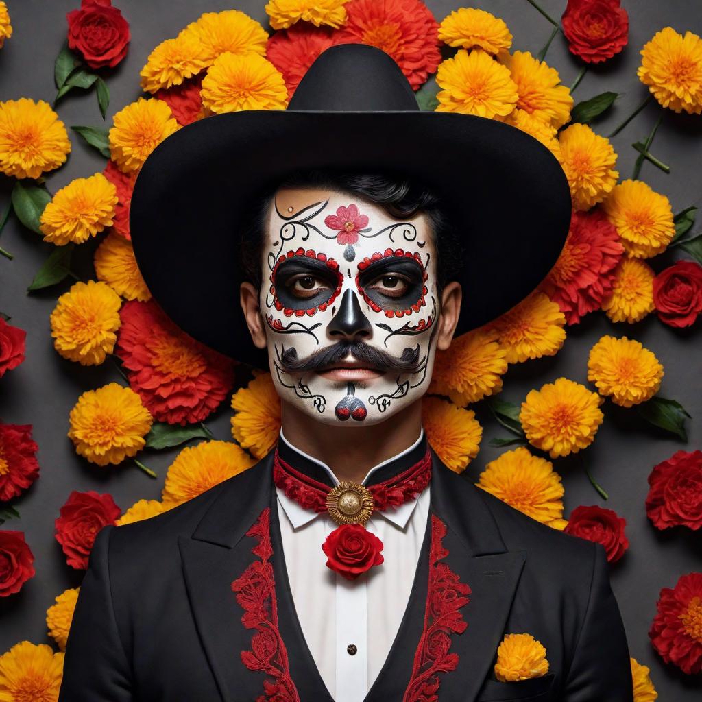  A Day of the Dead-inspired portrait of Emiliano Zapata. He should be depicted in the traditional Mexican holiday style, with a skull face painted to resemble calaveras makeup. He should sport his iconic mustache and be wearing his traditional revolutionary attire, including a sombrero with elaborate decorations. The background should include marigold flowers, which are synonymous with Dia de los Muertos, and perhaps a hint of a festive atmosphere with subtle details that evoke the celebration of the holiday. hyperrealistic, full body, detailed clothing, highly detailed, cinematic lighting, stunningly beautiful, intricate, sharp focus, f/1. 8, 85mm, (centered image composition), (professionally color graded), ((bright soft diffused light)), volumetric fog, trending on instagram, trending on tumblr, HDR 4K, 8K