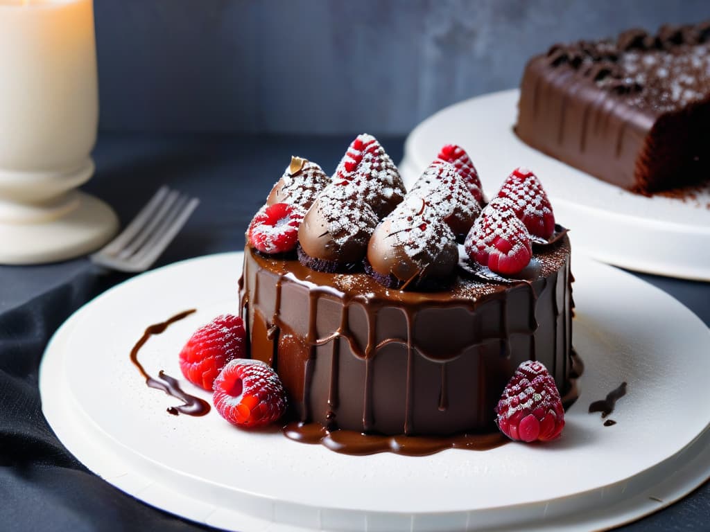  An ultradetailed closeup image of a decadent chocolate cake slice topped with fresh raspberries and a drizzle of hemp proteininfused chocolate ganache. The cake is on a sleek white plate, set against a matte black backdrop to accentuate its rich colors and textures. The glossy ganache reflects the light beautifully, showcasing the smooth finish, while the vibrant red raspberries pop against the deep brown of the cake, creating a visually striking and enticing dessert image. hyperrealistic, full body, detailed clothing, highly detailed, cinematic lighting, stunningly beautiful, intricate, sharp focus, f/1. 8, 85mm, (centered image composition), (professionally color graded), ((bright soft diffused light)), volumetric fog, trending on instagram, trending on tumblr, HDR 4K, 8K