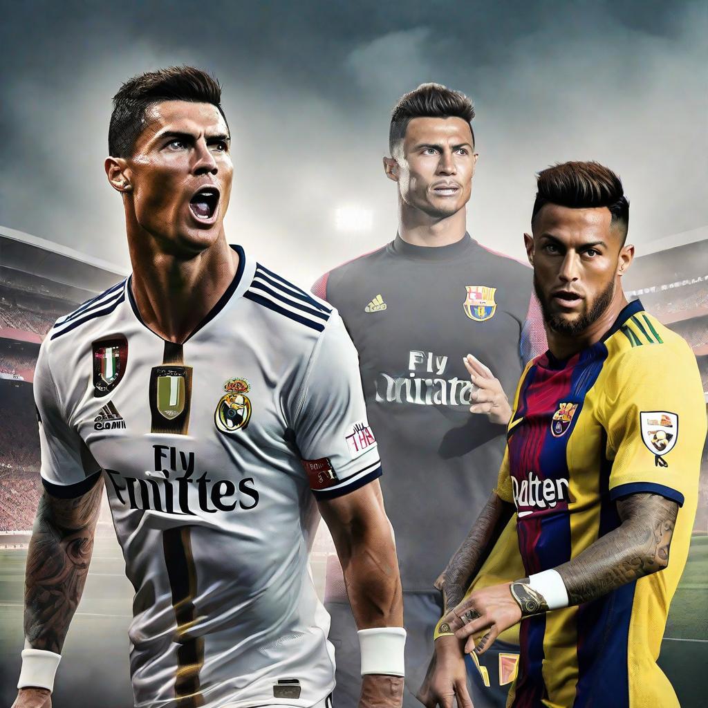  Cristiano Ronaldo Con Messi y Neymar hyperrealistic, full body, detailed clothing, highly detailed, cinematic lighting, stunningly beautiful, intricate, sharp focus, f/1. 8, 85mm, (centered image composition), (professionally color graded), ((bright soft diffused light)), volumetric fog, trending on instagram, trending on tumblr, HDR 4K, 8K