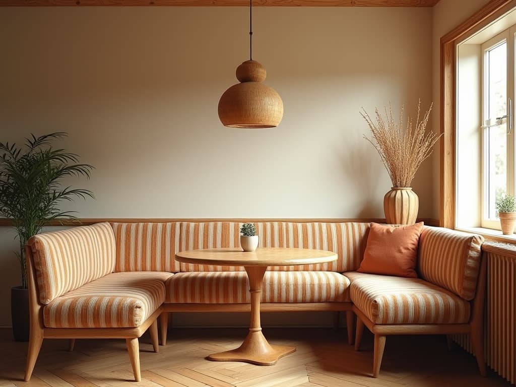  this unedited 8k photograph captures a breakfast nook designed in scandinavian style, emphasizing simplicity, functionality, and warm, inviting muted tones. the image, styled after anson smart and taken from the perspective of someone in the room with a polaroid sx70, showcases a cozy area perfect for casual meals. the photo features hyperrealistic, photorealistic details, and is professionally color graded with a bright, soft diffused light. the walls are adorned with traditional peruvian striped patterns, set against a cinematic aesthetic with strong visual narrative elements. the chiaroscuro lighting enhances the intricate, dense furnishings, blurring the background to amplify the scene's stunning beauty. the color palette includes a dom