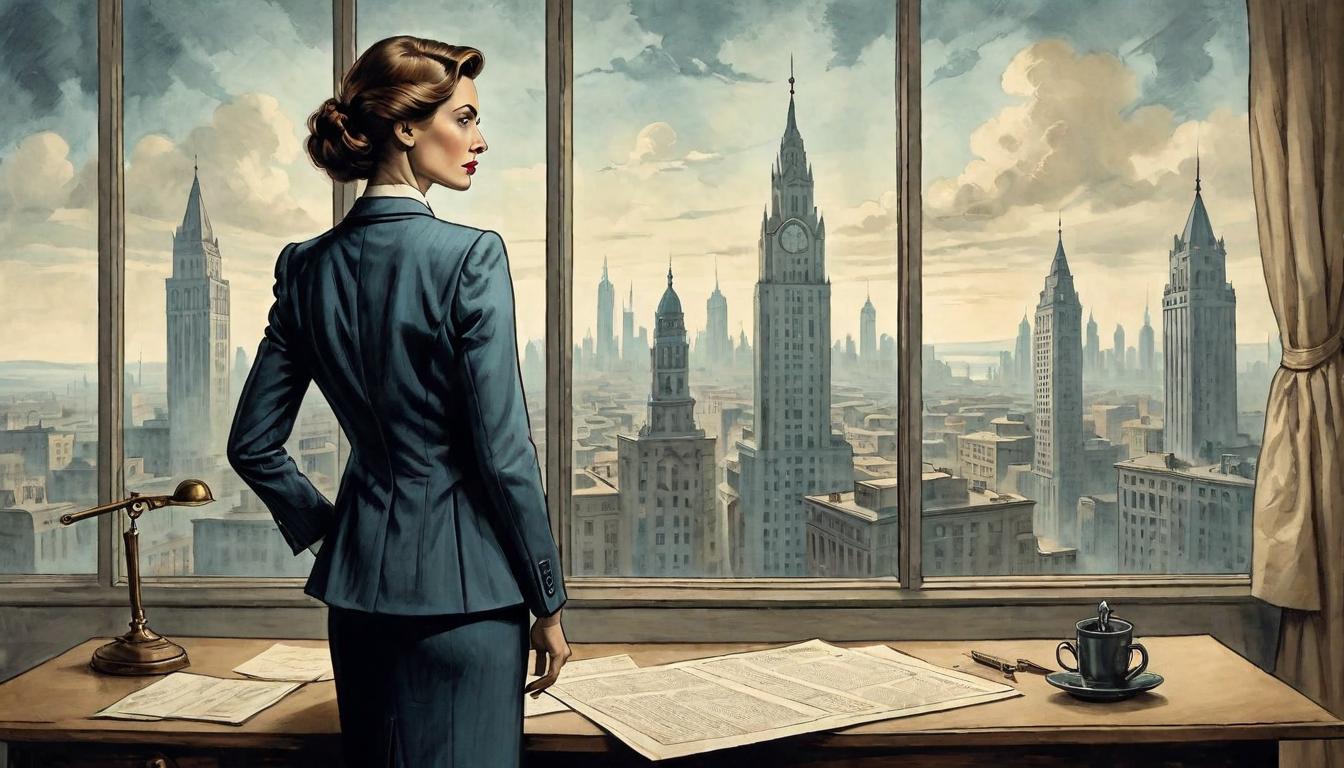  on parchment, surrealism+++, Corporate office, a woman in a suit, looking out of window, cityscape in the background, sense of disillusionment(mysterious, provocative, symbolic,muted color)+++