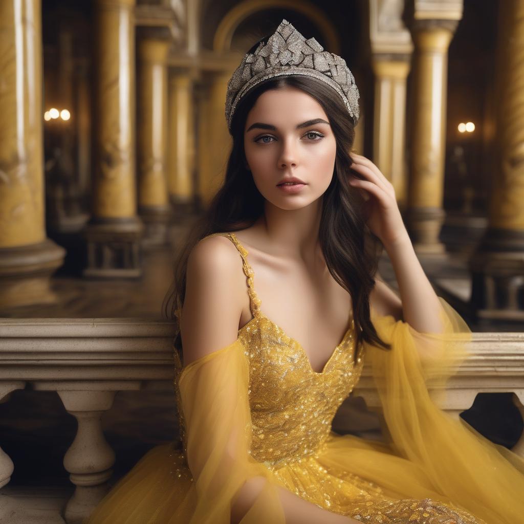  "Beautiful young girl with dark hair in a yellow, sparkling dress, wearing a diamond headband on her head, is sitting in a beautiful palace, clearly detailed live photo."