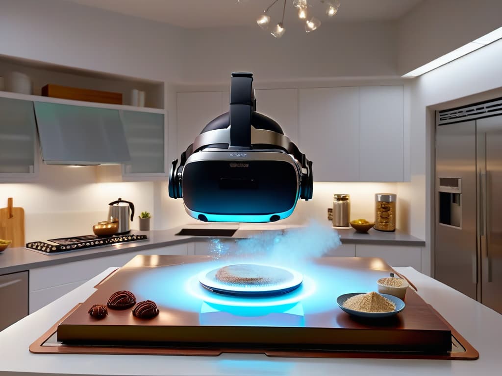  An intricate, ultrarealistic 8k image of a sleek, stateoftheart virtual reality headset hovering midair against a backdrop of a futuristic kitchen filled with holographic baking ingredients and tools. The headset is illuminated with a soft, ethereal glow, showcasing its advanced technology and seamless integration with the virtual baking environment. hyperrealistic, full body, detailed clothing, highly detailed, cinematic lighting, stunningly beautiful, intricate, sharp focus, f/1. 8, 85mm, (centered image composition), (professionally color graded), ((bright soft diffused light)), volumetric fog, trending on instagram, trending on tumblr, HDR 4K, 8K