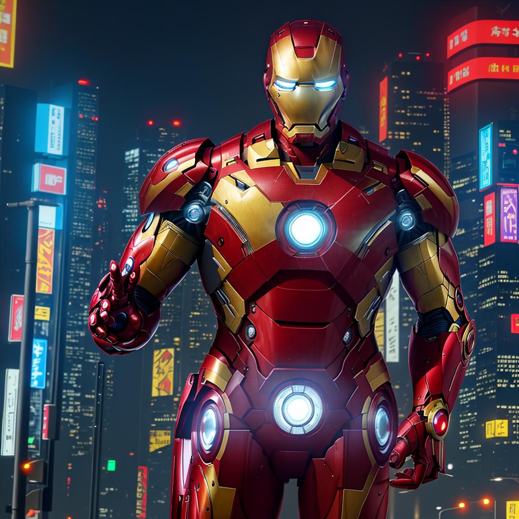  masterpiece, best quality, masterpiece, 8k resolution, realistic, highly detailed, Iron Man close-up. He stands on a street lined with tall buildings in a cyberpunk style city at night. The city's night lights are bright, and the surrounding buildings and streets are full of cyberpunk elements such as neon lights, high-tech equipment and futuristic architectural design.