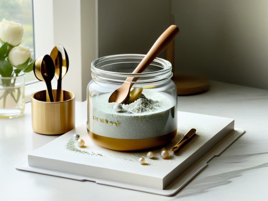  A highresolution image of a sleek, modern kitchen countertop adorned with a delicate glass jar filled with shimmering pearl dust, surrounded by luxurious gold measuring spoons, a pristine marble mortar and pestle, and a stack of elegant recipe books. The soft natural light from a nearby window gently illuminates the scene, highlighting the exquisite textures and luxurious ingredients, creating a sophisticated and inspiring ambiance. hyperrealistic, full body, detailed clothing, highly detailed, cinematic lighting, stunningly beautiful, intricate, sharp focus, f/1. 8, 85mm, (centered image composition), (professionally color graded), ((bright soft diffused light)), volumetric fog, trending on instagram, trending on tumblr, HDR 4K, 8K