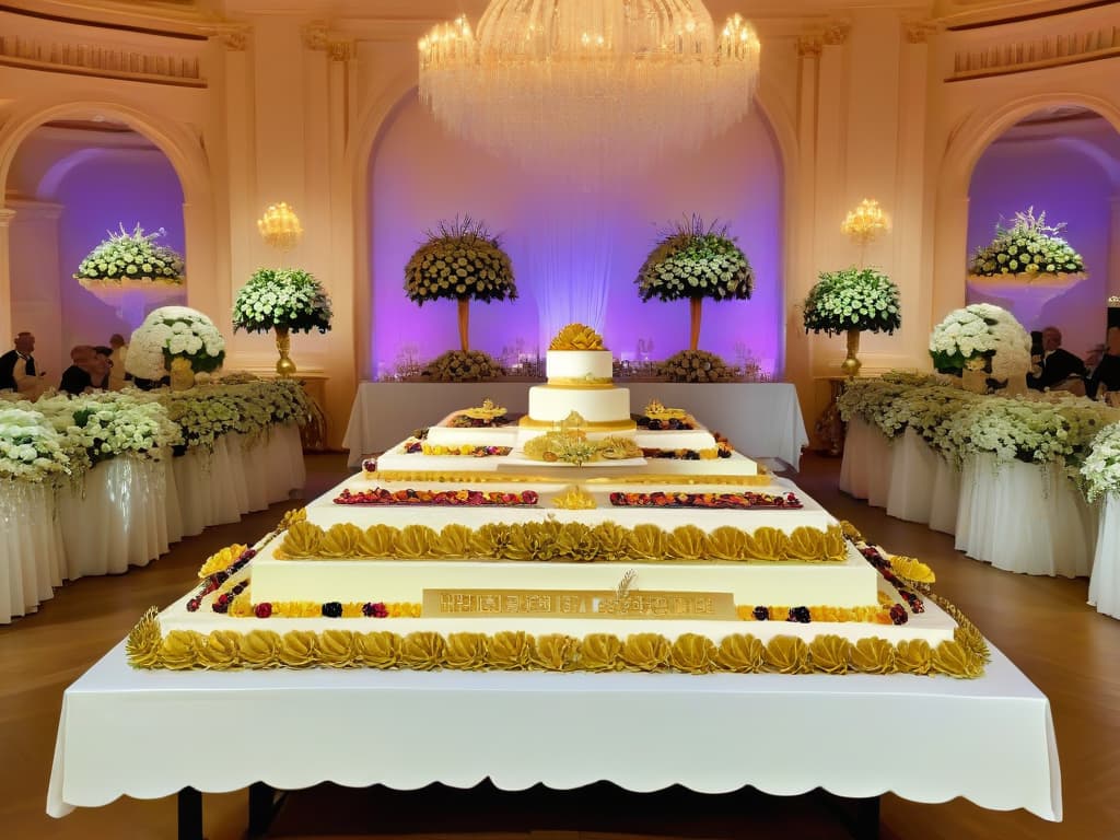  A highresolution, photorealistic image of an elegant dessert table display at a special occasion event. The table is adorned with an array of exquisitely crafted gourmet pastries, cakes, and sweets, each intricately decorated with delicate frosting, edible flowers, and gold leaf accents. Soft ambient lighting enhances the luxurious presentation, showcasing the artistry and attention to detail in the gourmet desserts. The background features a tastefully decorated event space, adding to the sophisticated and celebratory atmosphere. hyperrealistic, full body, detailed clothing, highly detailed, cinematic lighting, stunningly beautiful, intricate, sharp focus, f/1. 8, 85mm, (centered image composition), (professionally color graded), ((bright soft diffused light)), volumetric fog, trending on instagram, trending on tumblr, HDR 4K, 8K