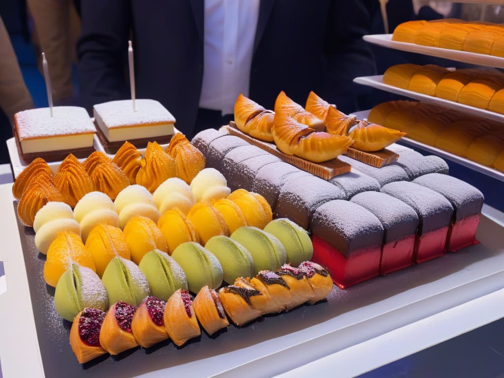  An ultradetailed image of a vibrant and diverse dessert display at a festival, featuring an array of colorful pastries from various cultural backgrounds. Each dessert is meticulously crafted and beautifully presented on a sleek, minimalistic white platter, highlighting the intricate details and unique ingredients of each treat. The image captures the essence of cultural diversity through food, showcasing the artistry and flavors that unite communities in celebration. hyperrealistic, full body, detailed clothing, highly detailed, cinematic lighting, stunningly beautiful, intricate, sharp focus, f/1. 8, 85mm, (centered image composition), (professionally color graded), ((bright soft diffused light)), volumetric fog, trending on instagram, trending on tumblr, HDR 4K, 8K