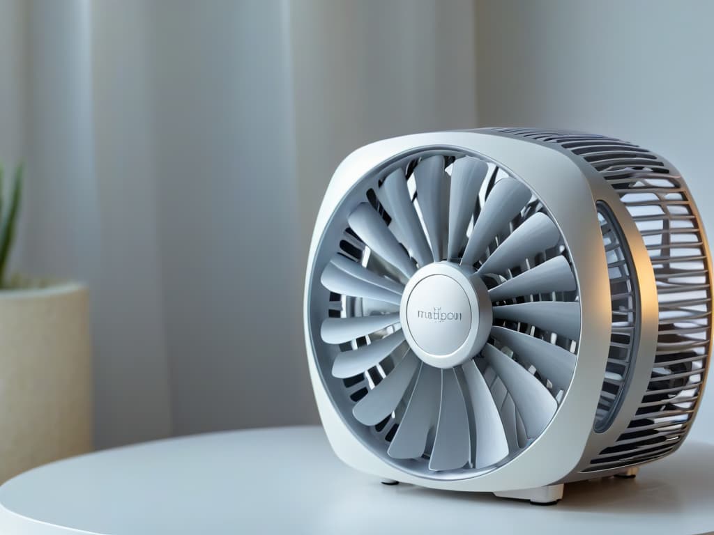  A closeup, ultradetailed image of a sleek, modern silver fan with intricate metal grill patterns, captured at an angle to showcase its elegant design and advanced cooling technology. The fan blades are in motion, creating a mesmerizing blurred effect that conveys a sense of powerful yet quiet operation. The lighting is soft and diffused, highlighting the fan's craftsmanship and highlighting its role in maintaining the perfect temperature for delicate pastries and desserts. hyperrealistic, full body, detailed clothing, highly detailed, cinematic lighting, stunningly beautiful, intricate, sharp focus, f/1. 8, 85mm, (centered image composition), (professionally color graded), ((bright soft diffused light)), volumetric fog, trending on instagram, trending on tumblr, HDR 4K, 8K