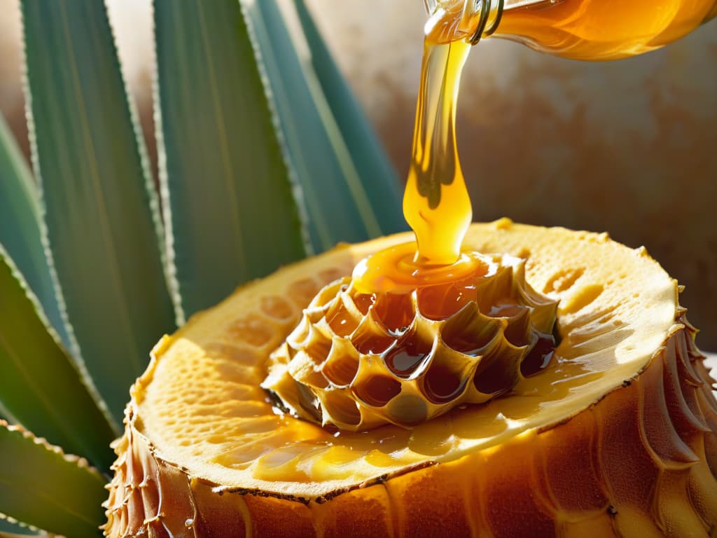  An elegant and minimalistic image showcasing a split screen with a honeycomb dripping with golden honey on one side, and a closeup of agave plant leaves with a drop of agave nectar on the other. The honeycomb glistens under soft lighting, emphasizing its natural sweetness, while the agave leaves are vibrant and lush, highlighting the purity of agave nectar as a natural sweetener. The contrast between the two natural sweeteners is visually striking, inviting the viewer to contemplate the choice between agave and honey for their desserts. hyperrealistic, full body, detailed clothing, highly detailed, cinematic lighting, stunningly beautiful, intricate, sharp focus, f/1. 8, 85mm, (centered image composition), (professionally color graded), ((bright soft diffused light)), volumetric fog, trending on instagram, trending on tumblr, HDR 4K, 8K