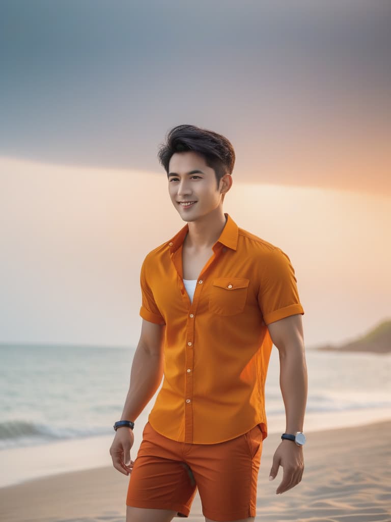  half body portrait,Young Asian man wear summer beach casual short sleeve shirt and dark orange shorts, happy relax standing on beach near sea, cinematic lighting, stunningly beautiful, intricate, sharp focus, f/1. 8, 85mm, (professionally color graded), ((bright soft diffused light)), volumetric fog, trending on instagram, trending on tumblr, HDR 4K, 8K hyperrealistic, full body, detailed clothing, highly detailed, cinematic lighting, stunningly beautiful, intricate, sharp focus, f/1. 8, 85mm, (centered image composition), (professionally color graded), ((bright soft diffused light)), volumetric fog, trending on instagram, trending on tumblr, HDR 4K, 8K