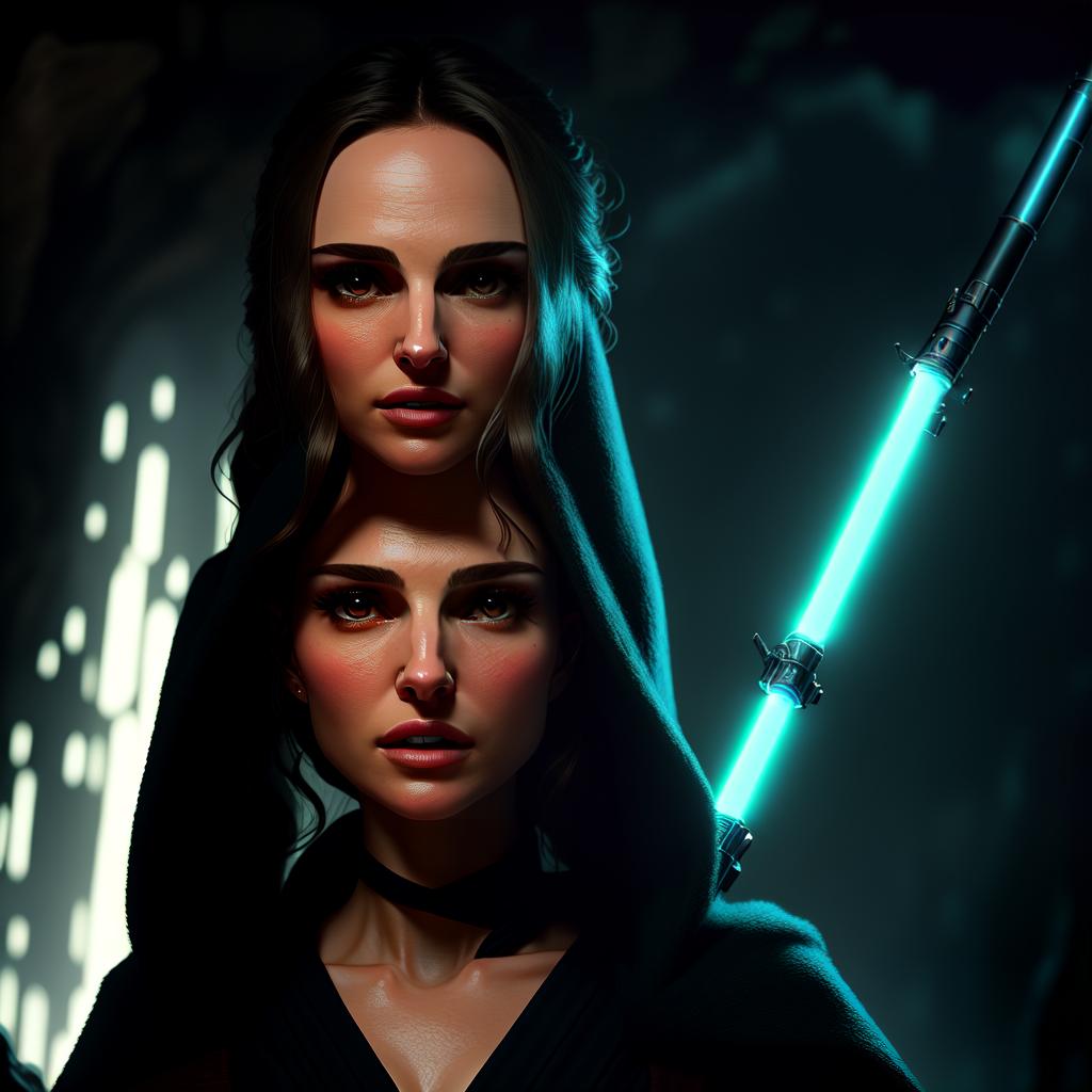  extremely photorealistic like real life wide shot of Natalie Portman as a Jedi knight holding a single lightsaber and using it to light up a dark cave, light focussed on her face. realistic proportions hyperrealistic, full body, detailed clothing, highly detailed, cinematic lighting, stunningly beautiful, intricate, sharp focus, f/1. 8, 85mm, (centered image composition), (professionally color graded), ((bright soft diffused light)), volumetric fog, trending on instagram, trending on tumblr, HDR 4K, 8K