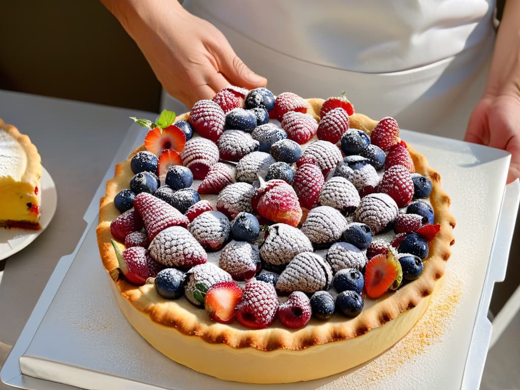  A closeup, ultradetailed image of a baker's hand carefully arranging colorful, freshly picked berries on top of a perfectly baked pie. The focus is on the vibrant hues of the berries, the glistening texture of the pie crust, and the precision of the baker's fingers as they place each berry with artistic intent. The image exudes a sense of craftsmanship, dedication to quality ingredients, and the beauty of sustainable baking practices. hyperrealistic, full body, detailed clothing, highly detailed, cinematic lighting, stunningly beautiful, intricate, sharp focus, f/1. 8, 85mm, (centered image composition), (professionally color graded), ((bright soft diffused light)), volumetric fog, trending on instagram, trending on tumblr, HDR 4K, 8K