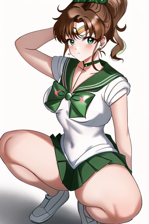  with her hair up. wearing a short skirt and tight shirt. squatting,(sailor jupiter:1.3), (masterpiece), (highest quality), (intricate), (high detail)