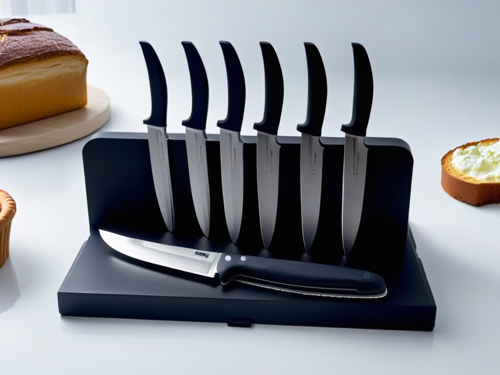  An ultradetailed image of a sleek, modern knife set specifically designed for pastry and baking, featuring razorsharp blades, ergonomic handles, and a stylish storage block with clean lines and a matte black finish. Each knife glistens under soft, ambient lighting, showcasing the precision and quality of the tools. The minimalist composition highlights the beauty and functionality of the set, making it a musthave for any aspiring pastry chef or baking enthusiast. hyperrealistic, full body, detailed clothing, highly detailed, cinematic lighting, stunningly beautiful, intricate, sharp focus, f/1. 8, 85mm, (centered image composition), (professionally color graded), ((bright soft diffused light)), volumetric fog, trending on instagram, trending on tumblr, HDR 4K, 8K