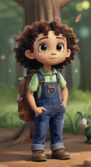  {The tree with a twinkling eye, while its leaves gently rustle., Riley, a curious with big brown eyes and curly hair, wearing overalls and carrying a small backpack. Their friend, Skye, a bluebird with shiny feathers.