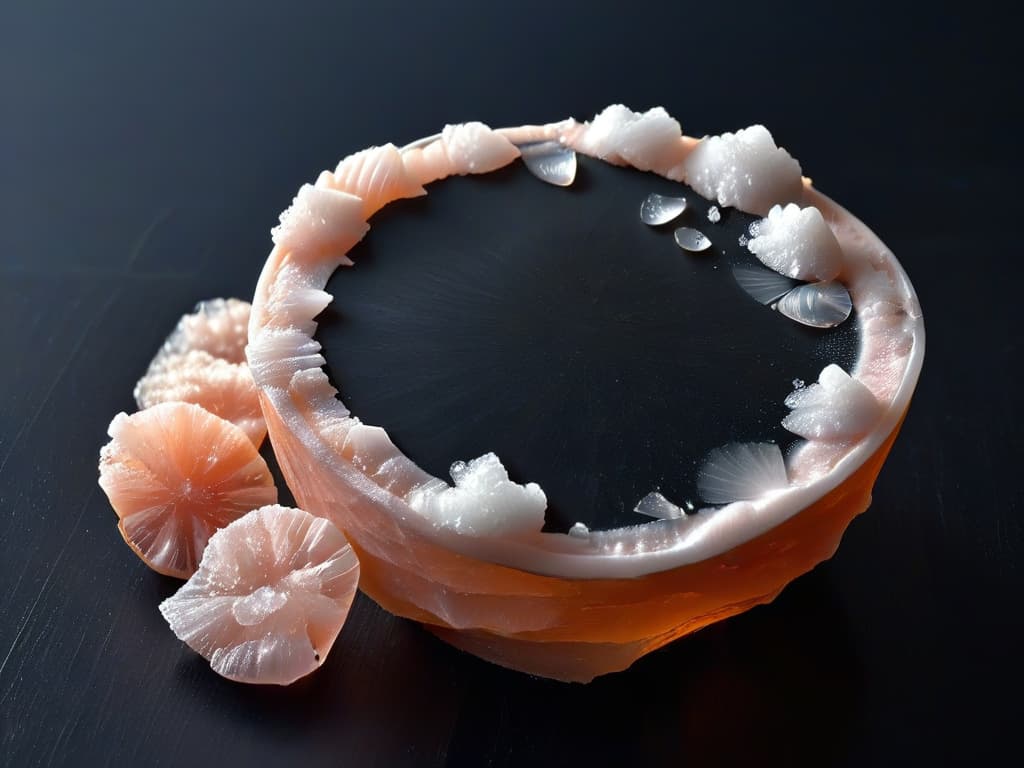  A closeup, ultradetailed image of a delicate crystal of pink Himalayan salt resting on a sleek, matte black surface. The crystal is illuminated by a soft, warm light, casting a gentle shadow beneath it. The intricate ridges and facets of the salt crystal are exquisitely detailed, showcasing its natural beauty and texture. The simplicity of the composition highlights the purity and elegance of the salt, evoking a sense of sophistication and refinement. hyperrealistic, full body, detailed clothing, highly detailed, cinematic lighting, stunningly beautiful, intricate, sharp focus, f/1. 8, 85mm, (centered image composition), (professionally color graded), ((bright soft diffused light)), volumetric fog, trending on instagram, trending on tumblr, HDR 4K, 8K