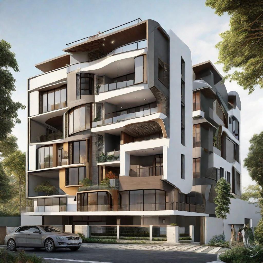  masterpiece, best quality,create a 5 storey floor plan for a curvey faced shaped building. Show the building to be floor resilient. Also show the landscape of the surrounding to be floor resilient. The building is a mixed used building. ,