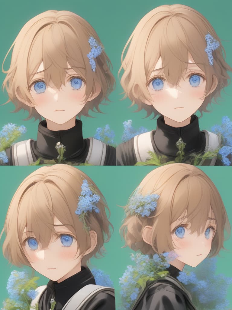  a Masterpiece,(((a Male))),delicate light brown hair color,short hair,delicate green eye color,(((sad face))),1 drop tear,delicate face,(((larynx))),(((forget me not flowers)))1.5,high quality,8K, masterpiece, best quality,8k,ultra detailed,high resolution,an extremely delicate and beautiful,hyper detail