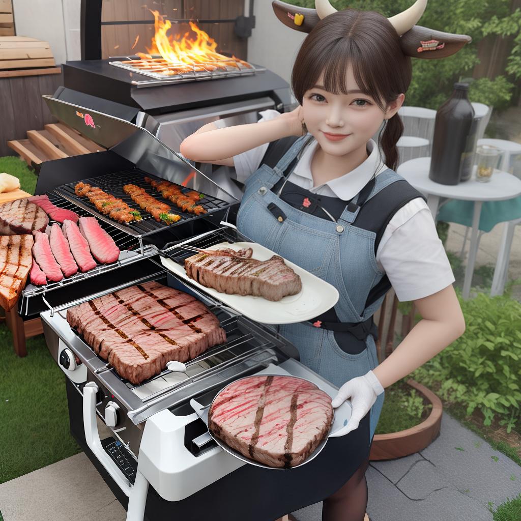  Masterpiece, best quality, cute cartoon 3D cow grilling steak outdoors