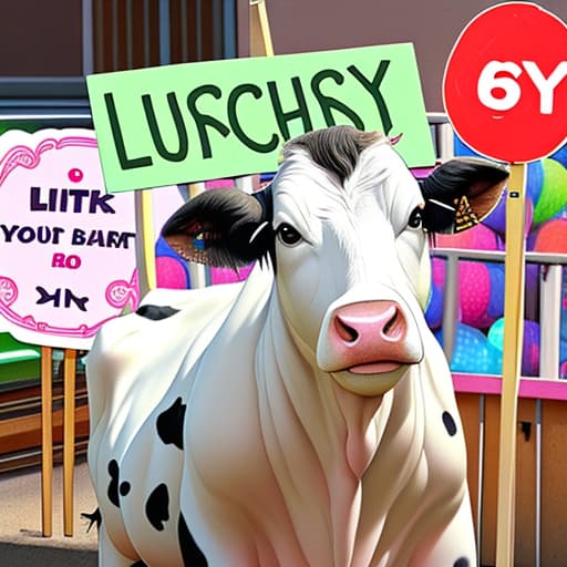  Cow with bingo balls with a sign with “Amy’s Lucky Tabs”